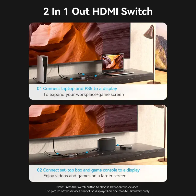 Vention AKPH0 comutador HDMI bidirecional de 2 portas, 8K, liga de alumínio, cinzento