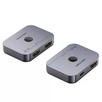 Comutador HDMI bidirecional 2 portas 8K-HDM Vention AKPH0, HDMI 2.1, 7680×4320@60Hz, alimentação USB-C, alumínio, cinzento