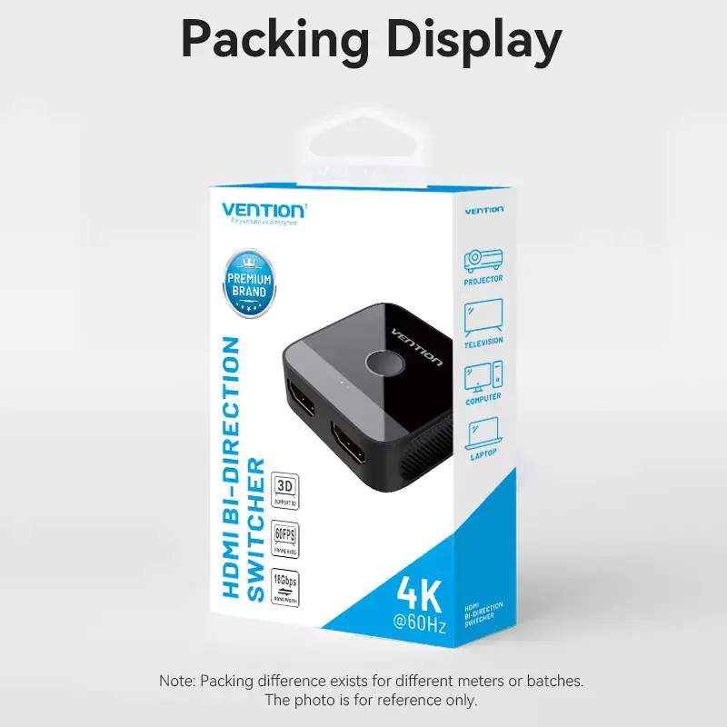 Comutador HDMI bidirecional 2 portas 4K Vention AKOB0 — 3 portas HDMI, 3840×2160@60Hz, ABS, plug and play