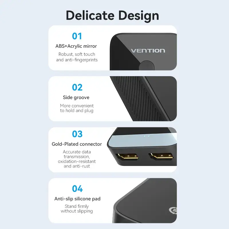 Comutador HDMI bidirecional 2 portas 4K Vention AKOB0 — 3 portas HDMI, 3840×2160@60Hz, ABS, plug and play