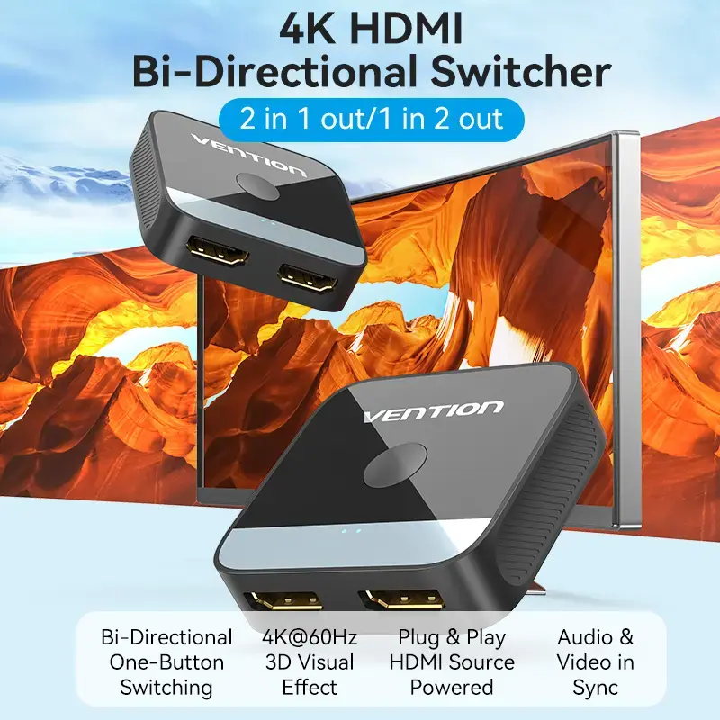 Comutador HDMI bidirecional 2 portas 4K Vention AKOB0 — 3 portas HDMI, 3840×2160@60Hz, ABS, plug and play