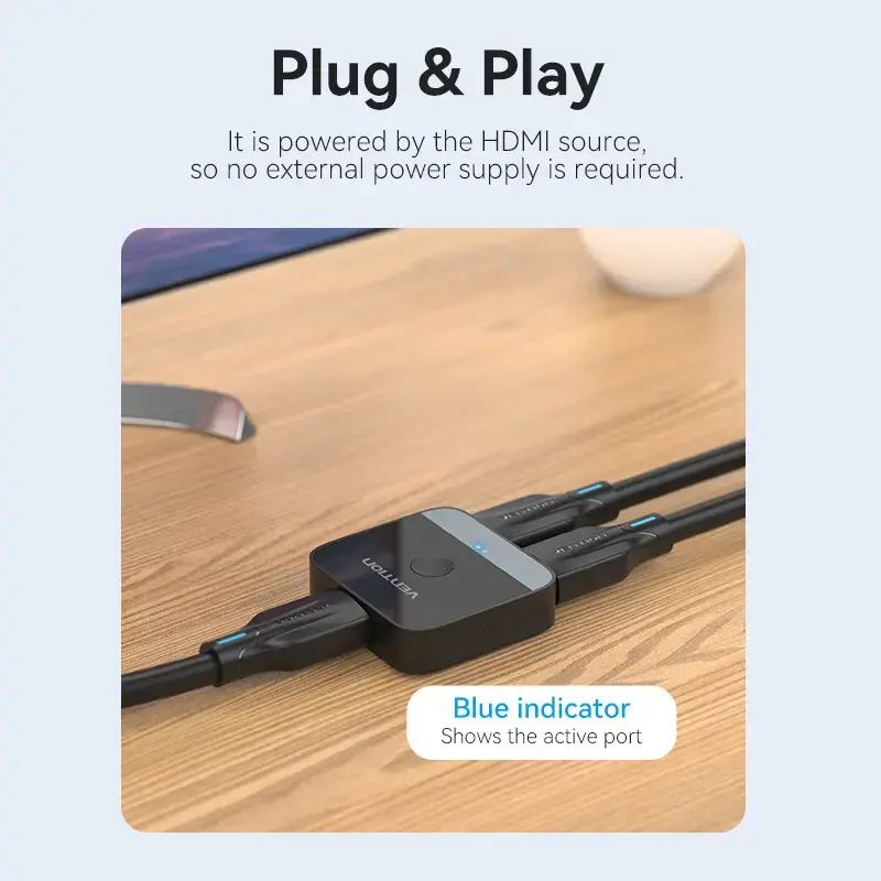 Comutador HDMI bidirecional 2 portas 4K Vention AKOB0 — 3 portas HDMI, 3840×2160@60Hz, ABS, plug and play