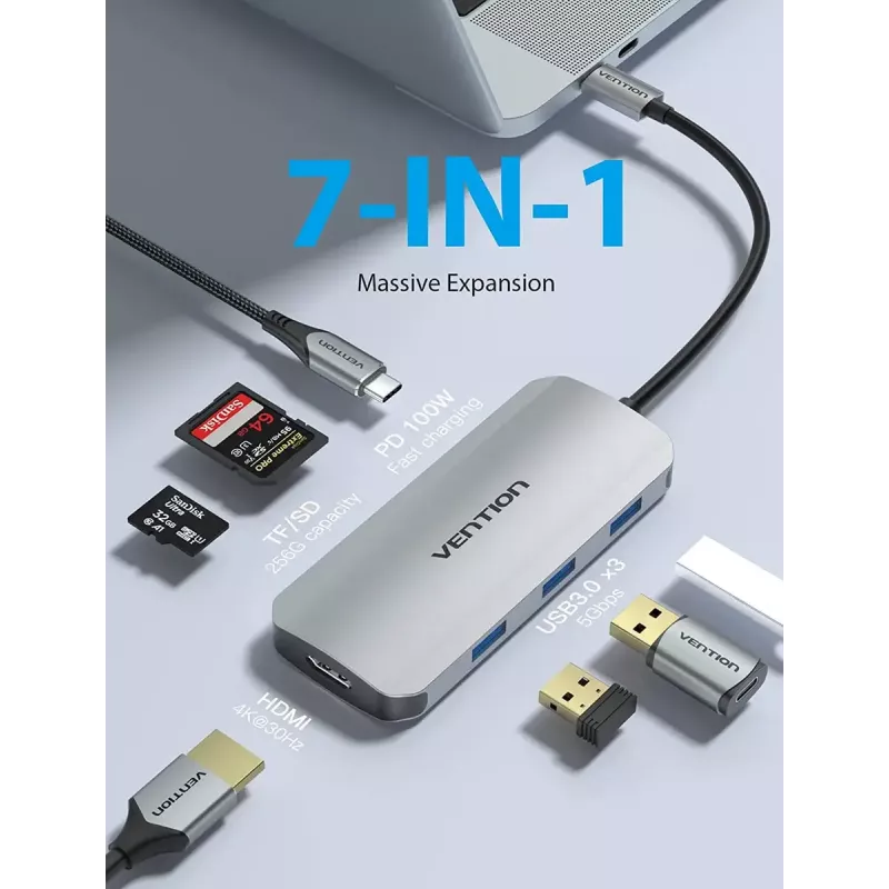Docking station Vention USB-C para HDMI USB 3.0x3 SD TF PD 100W cinzento