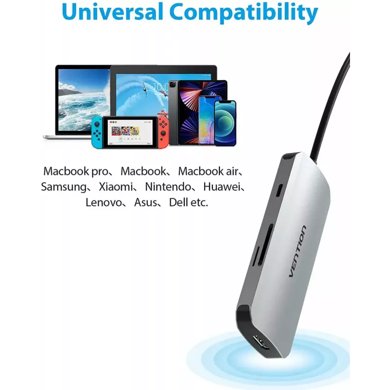 Docking station Vention USB-C para HDMI USB 3.0x3 SD TF PD 100W cinzento