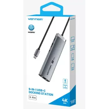 Docking station Vention 9-em-1 USB-C TGVHB — RJ-45, HDMI 4K@60Hz, USB 3.2 Gen1, SD/MicroSD, 1x USB-C