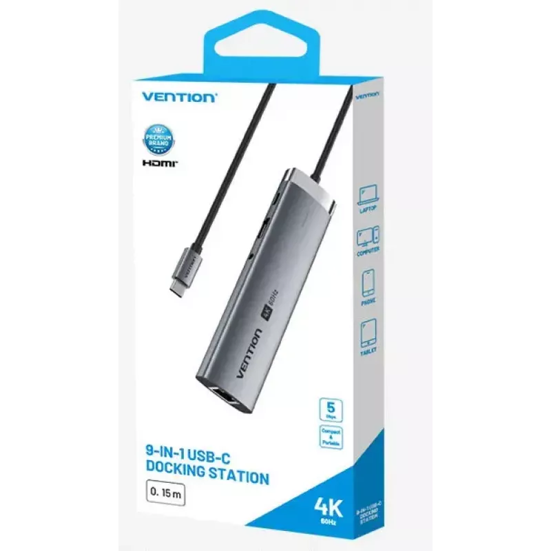 Vention TGVHB estação de acoplamento USB-C 9 em 1, 4K 60Hz, 100W PD, 0,15 m