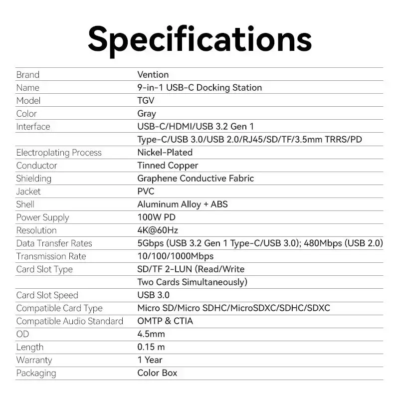 Vention TGVHB estação de acoplamento USB-C 9 em 1, 4K 60Hz, 100W PD, 0,15 m