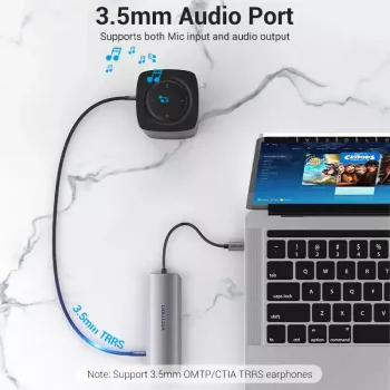 Docking station Vention multifunções USB-C para HDMI USB3.0x3 RJ45 SD TF TRRS 3,5mm PD 0,15M cinzento liga de alumínio