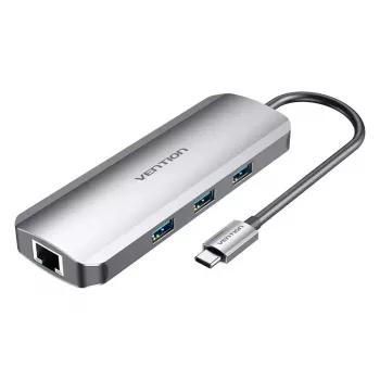 Docking station Vention multifunções USB-C para HDMI USB3.0x3 RJ45 SD TF TRRS 3,5mm PD 0,15M cinzento liga de alumínio
