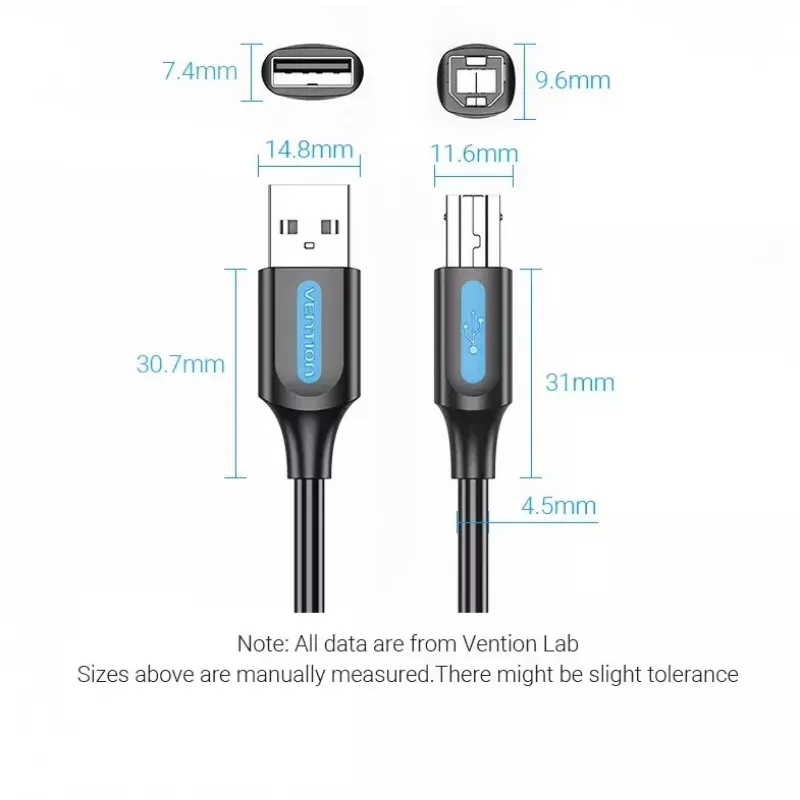 Cabo USB 2.0 macho A para macho B 3 m — Vention — preto PVC, 480 Mbit/s, 2 A