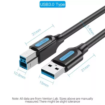 Cabo Vention USB 3.0 A para B 3 m — USB 3.2 Gen 1 (5 Gbit/s), preto, conectores niquelados