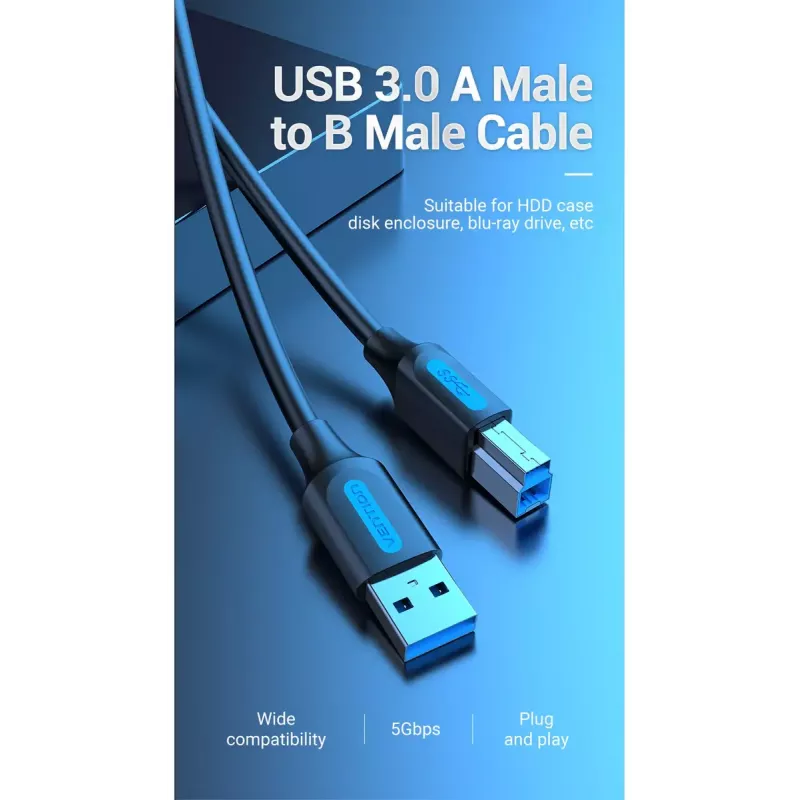 Vention COOBI cabo de impressora USB 3.0, USB-A macho para USB-B macho, 3 m, 5 Gbps, preto
