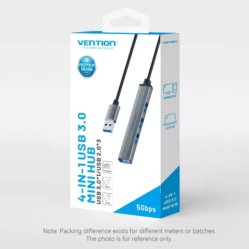Vention CKOHB mini hub USB 3.0 4 em 1, 1x USB 3.0 + 3x USB 2.0, 5 Gbps, 0,15 m, alumínio, cinzento