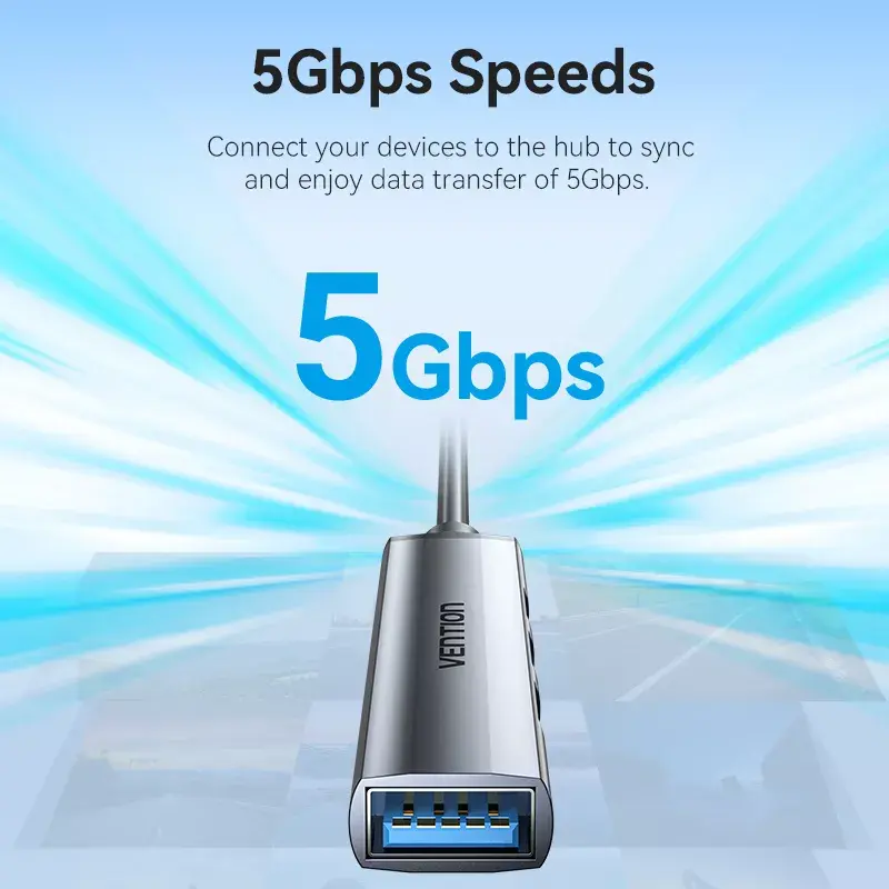 Vention CKOHB mini hub USB 3.0 4 em 1, 1x USB 3.0 + 3x USB 2.0, 5 Gbps, 0,15 m, alumínio, cinzento