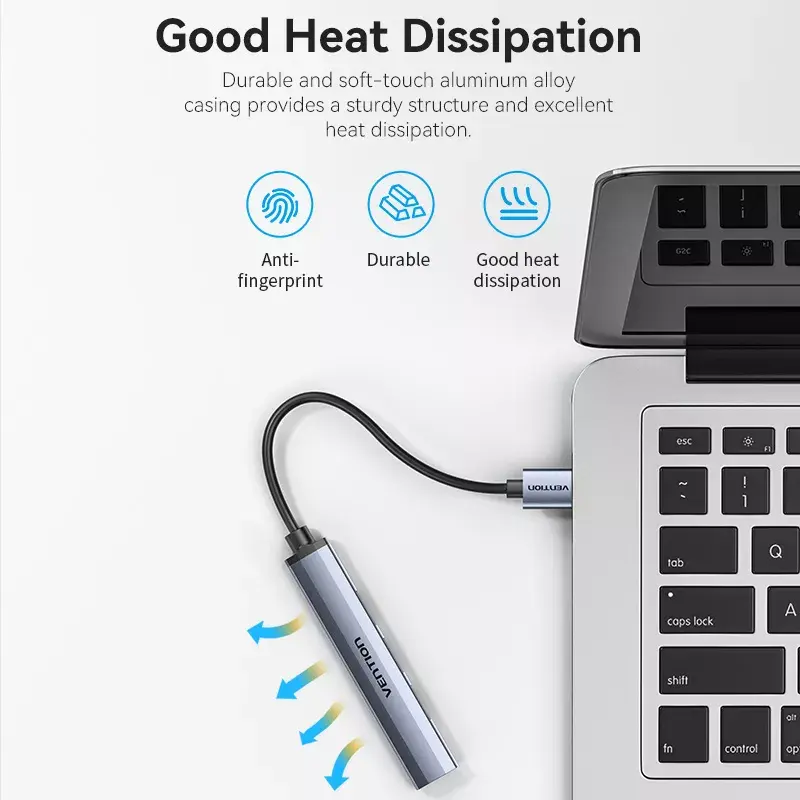 Vention CKOHB mini hub USB 3.0 4 em 1, 1x USB 3.0 + 3x USB 2.0, 5 Gbps, 0,15 m, alumínio, cinzento
