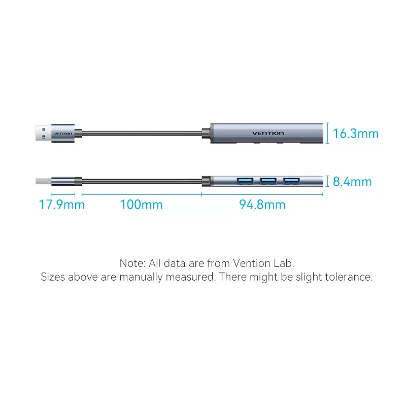 Vention CKOHB mini hub USB 3.0 4 em 1, 1x USB 3.0 + 3x USB 2.0, 5 Gbps, 0,15 m, alumínio, cinzento