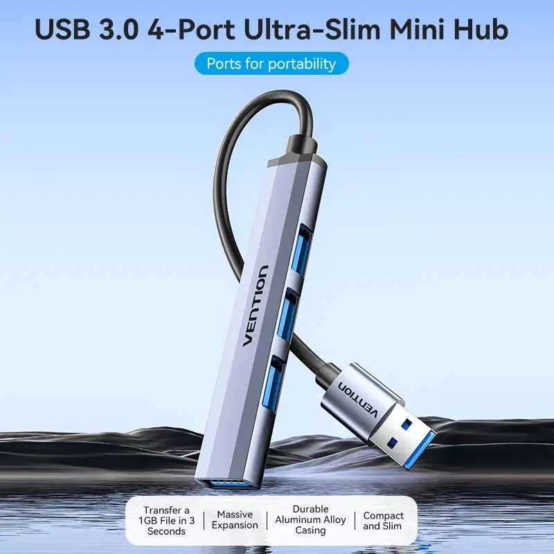 Vention CKOHB mini hub USB 3.0 4 em 1, 1x USB 3.0 + 3x USB 2.0, 5 Gbps, 0,15 m, alumínio, cinzento