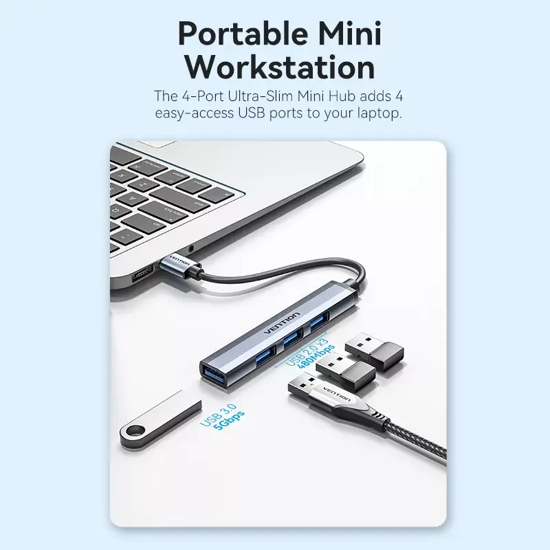 Vention CKOHB mini hub USB 3.0 4 em 1, 1x USB 3.0 + 3x USB 2.0, 5 Gbps, 0,15 m, alumínio, cinzento
