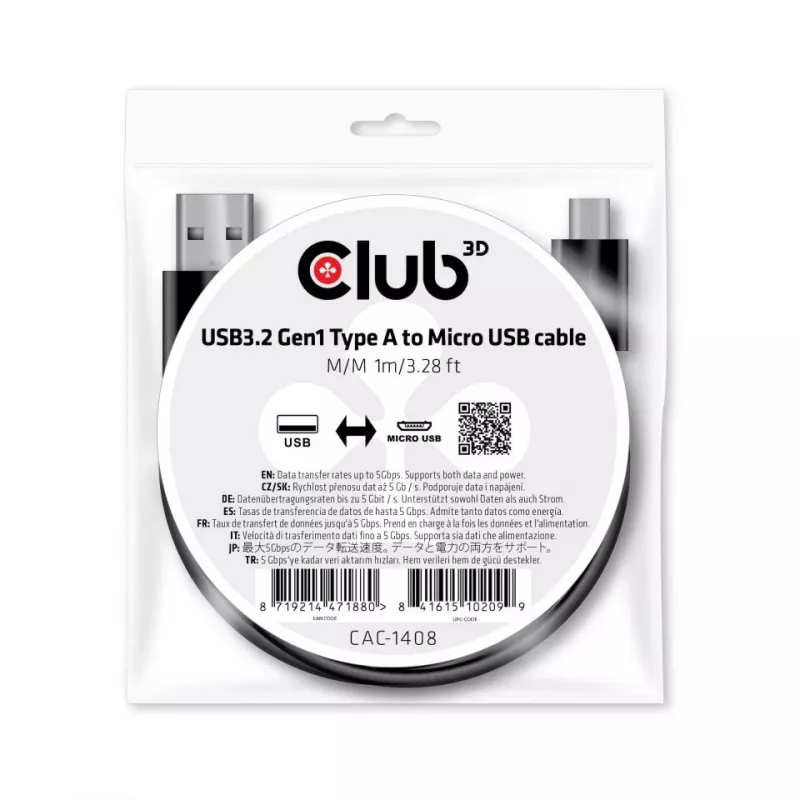 Cabo USB 3.2 Gen1 Type-A para Micro-USB M/M 1 m CLUB3D CAC-1408