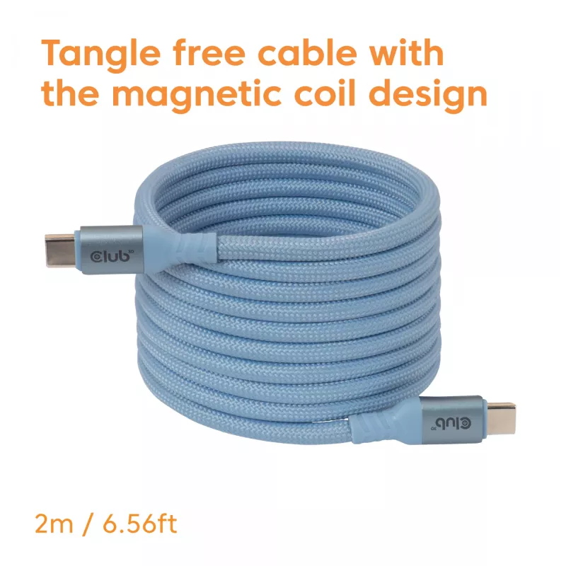 Club 3D CAC-3030 cabo USB-C Magnetic-Coil, 240 W PD3.1, bidirecional, carregamento rápido, 2 m (6,56 ft), azul