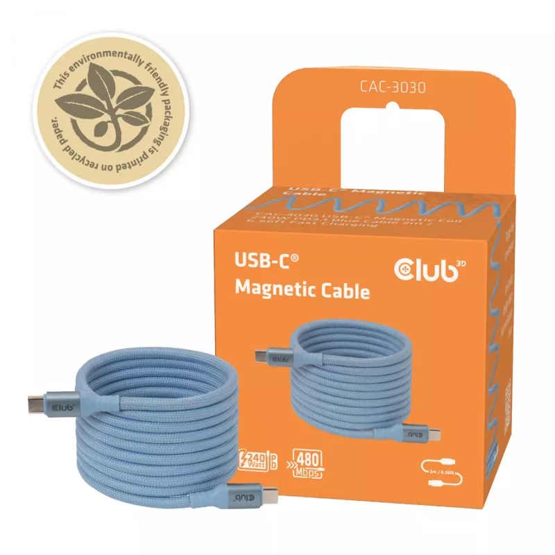 Club 3D CAC-3030 cabo USB-C Magnetic-Coil, 240 W PD3.1, bidirecional, carregamento rápido, 2 m (6,56 ft), azul