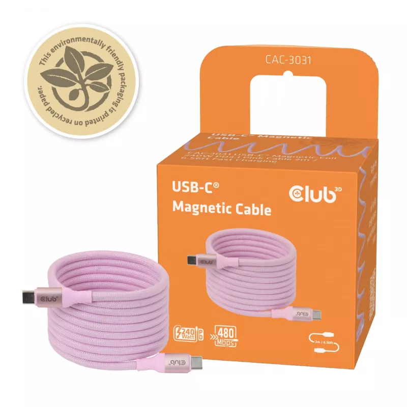 Cabo CLUB3D USB-C Magnetic-Coil 240W rosa 2m USB 2.0