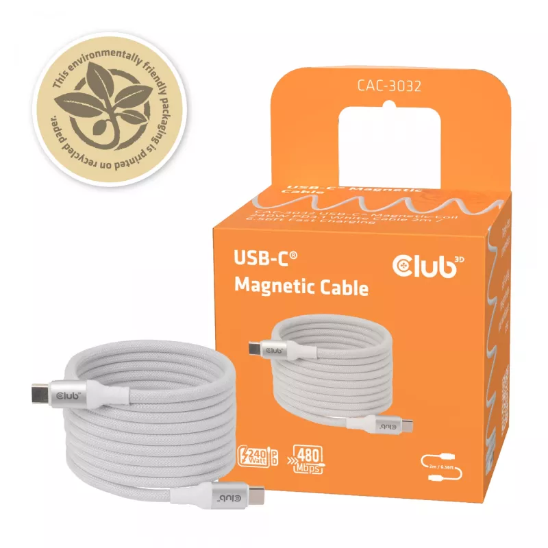 Cabo USB-C Magnetic-Coil Club 3D CAC-3032 — branco, design de bobina magnética para carregamento e transferência de dados