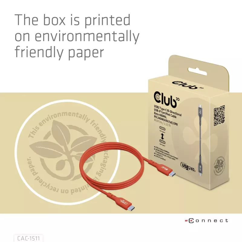 Cabo bidirecional CLUB3D USB2 Type-C certificado USB-IF dados 480 Mbit/s, PD 240W (48V/5A) EPR M/M 4m