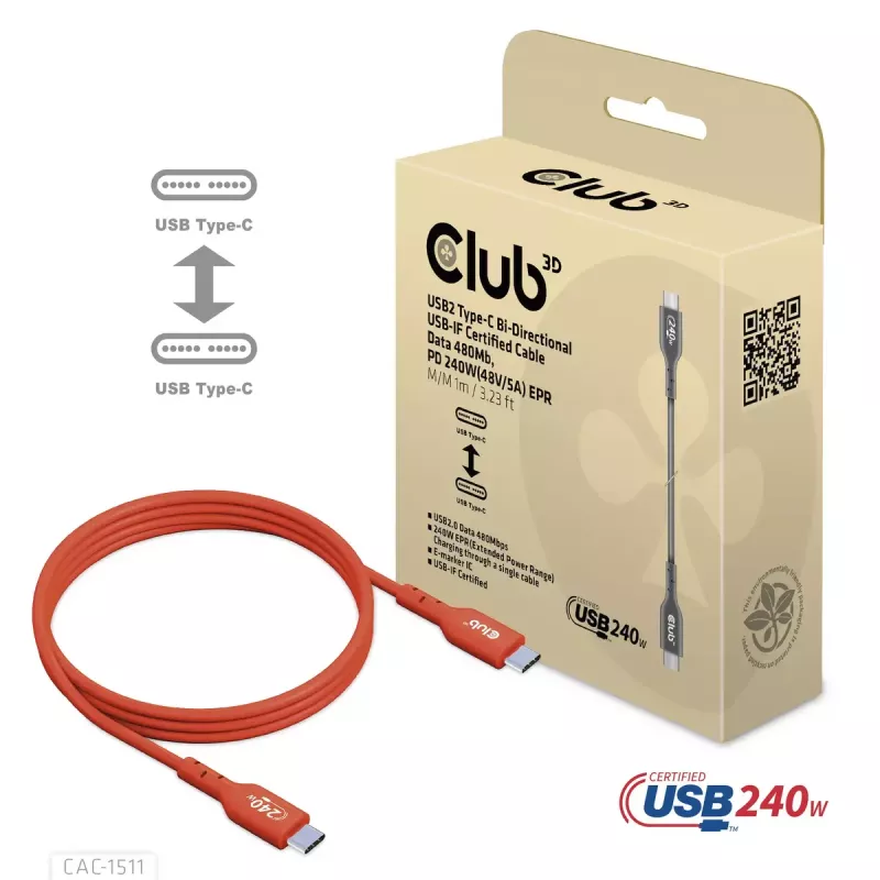 Cabo bidirecional CLUB3D USB2 Type-C certificado USB-IF dados 480 Mbit/s, PD 240W (48V/5A) EPR M/M 4m