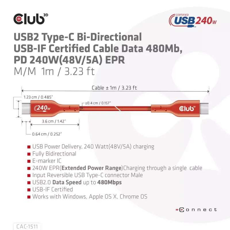 Cabo bidirecional CLUB3D USB2 Type-C certificado USB-IF dados 480 Mbit/s, PD 240W (48V/5A) EPR M/M 4m