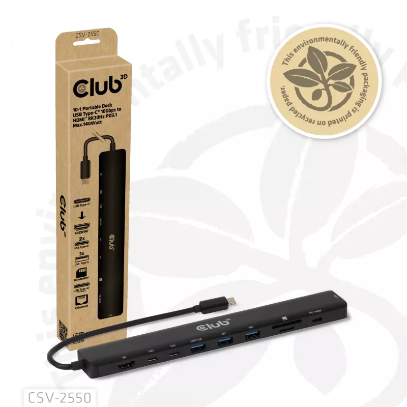 Dock portátil CLUB3D 10-1 USB Type-C® 10Gbps para HDMI™ 8K30Hz PD3.1 máx. 140 Watt