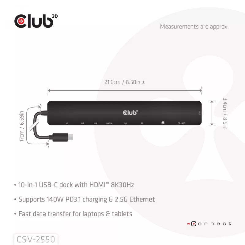 Dock portátil CLUB3D 10-1 USB Type-C® 10Gbps para HDMI™ 8K30Hz PD3.1 máx. 140 Watt