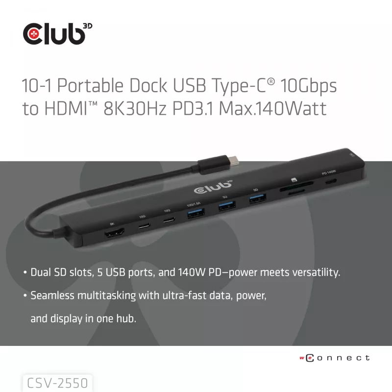 Dock portátil CLUB3D 10-1 USB Type-C® 10Gbps para HDMI™ 8K30Hz PD3.1 máx. 140 Watt