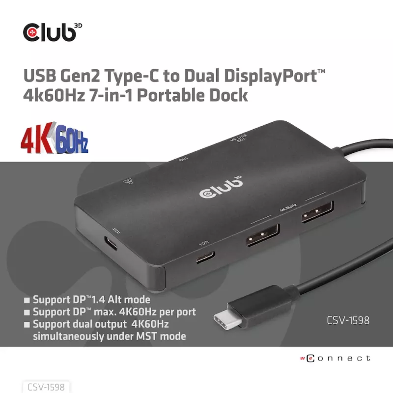 HUB CLUB3D USB Gen2 Type-C para Dual DisplayPort 4k60Hz 7-in-1