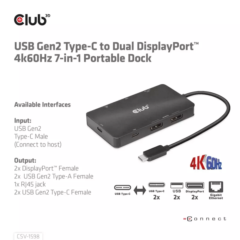 HUB CLUB3D USB Gen2 Type-C para Dual DisplayPort 4k60Hz 7-in-1
