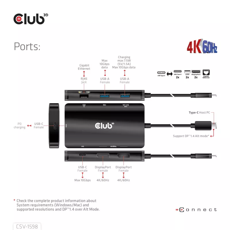 HUB CLUB3D USB Gen2 Type-C para Dual DisplayPort 4k60Hz 7-in-1