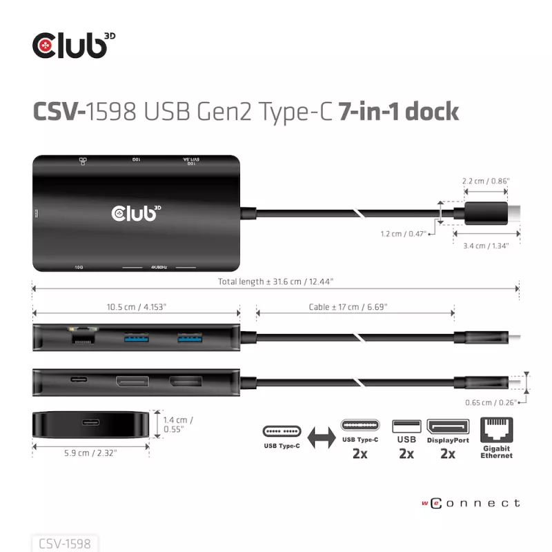 HUB CLUB3D USB Gen2 Type-C para Dual DisplayPort 4k60Hz 7-in-1