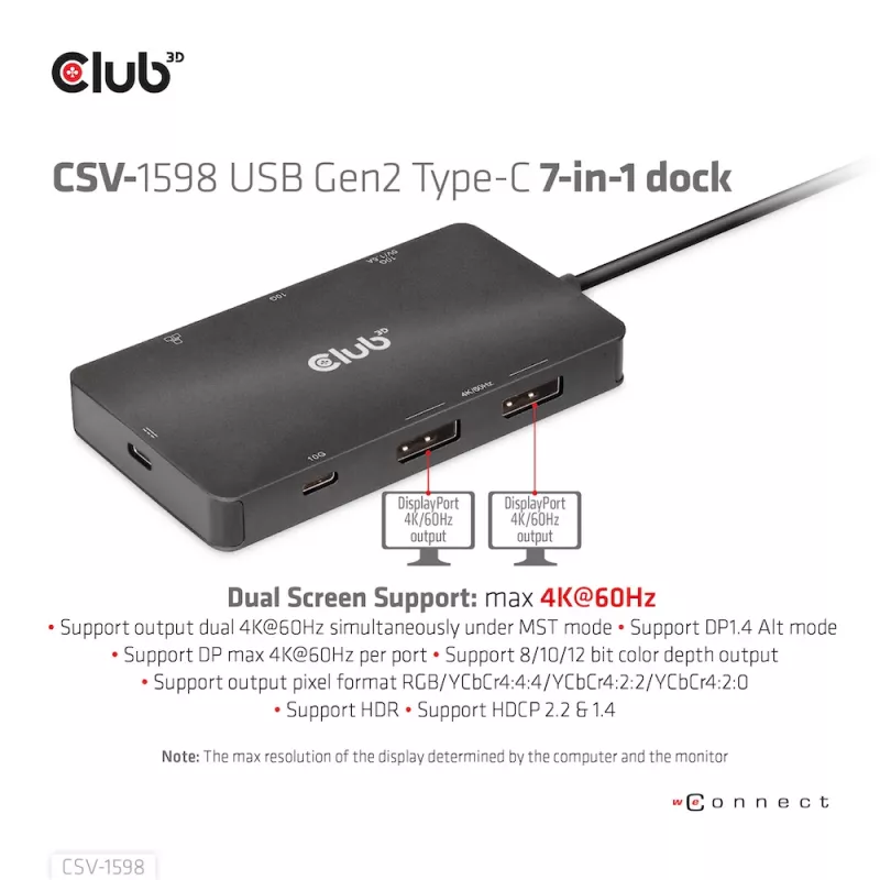 HUB CLUB3D USB Gen2 Type-C para Dual DisplayPort 4k60Hz 7-in-1