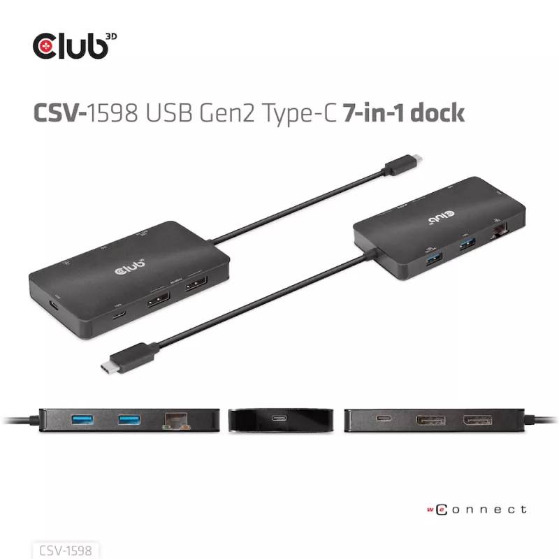 HUB CLUB3D USB Gen2 Type-C para Dual DisplayPort 4k60Hz 7-in-1