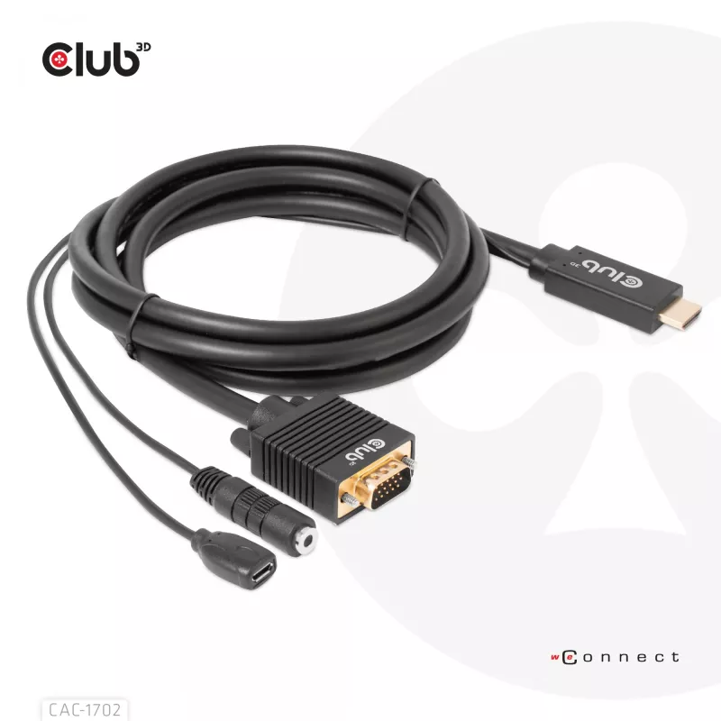 Club 3D CAC-1712 cabo de HDMI para VGA M/M com alimentação Micro-USB e áudio de 3,5 mm, 2 m (6,56 ft), 28AWG