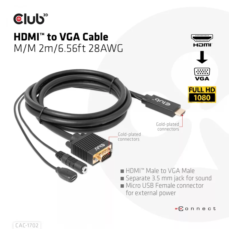 Club 3D CAC-1712 cabo de HDMI para VGA M/M com alimentação Micro-USB e áudio de 3,5 mm, 2 m (6,56 ft), 28AWG