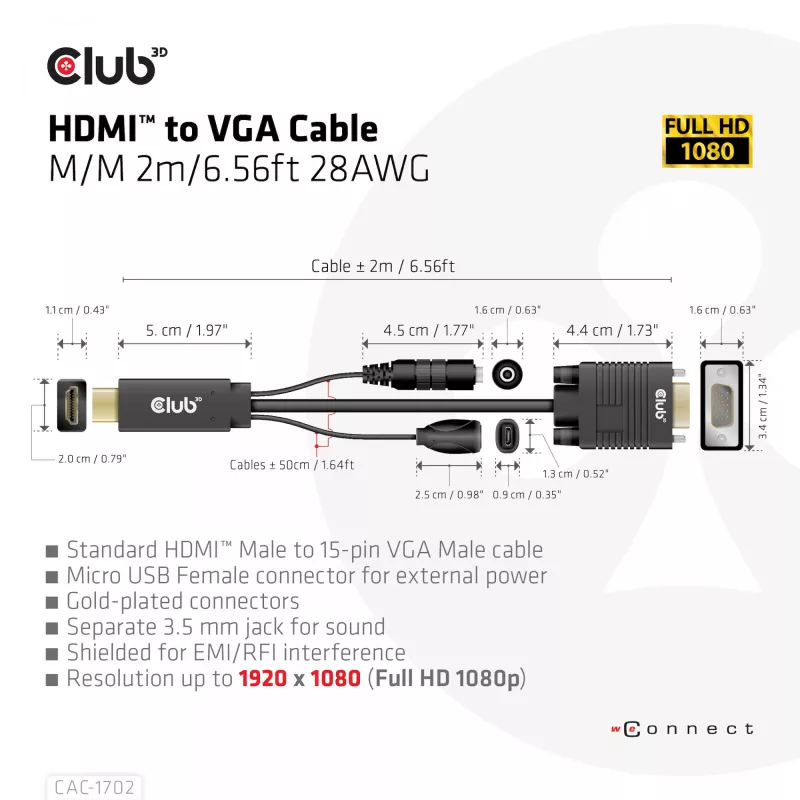 Club 3D CAC-1712 cabo de HDMI para VGA M/M com alimentação Micro-USB e áudio de 3,5 mm, 2 m (6,56 ft), 28AWG