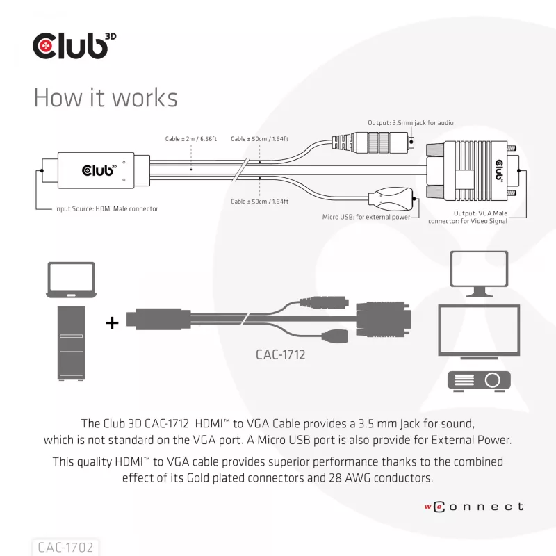 Club 3D CAC-1712 cabo de HDMI para VGA M/M com alimentação Micro-USB e áudio de 3,5 mm, 2 m (6,56 ft), 28AWG