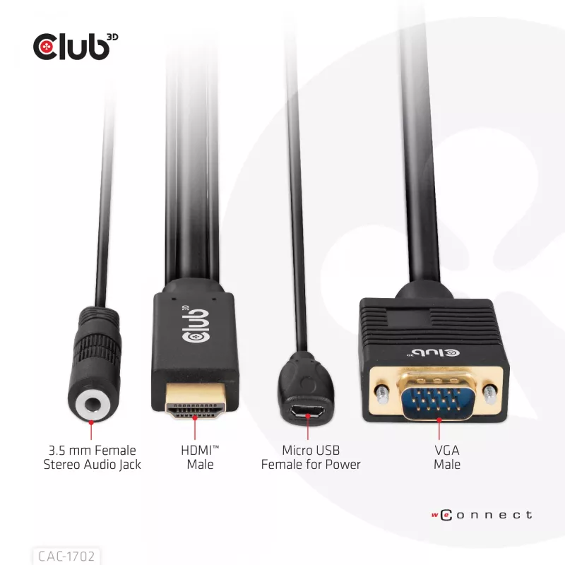 Club 3D CAC-1712 cabo de HDMI para VGA M/M com alimentação Micro-USB e áudio de 3,5 mm, 2 m (6,56 ft), 28AWG