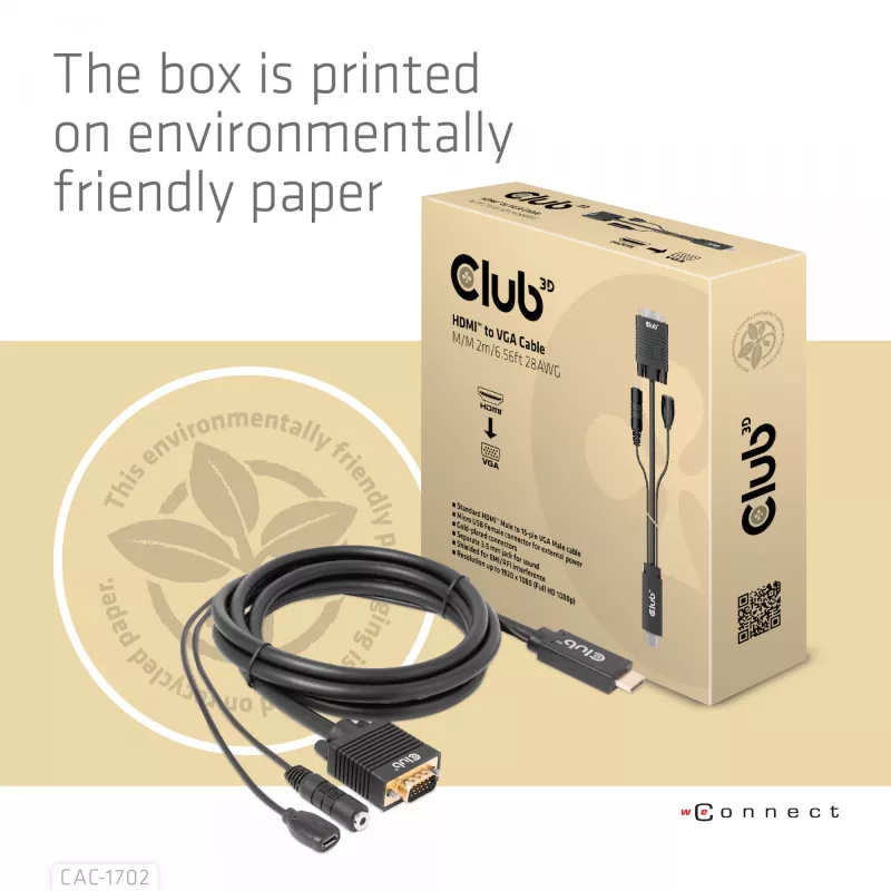 Club 3D CAC-1712 cabo de HDMI para VGA M/M com alimentação Micro-USB e áudio de 3,5 mm, 2 m (6,56 ft), 28AWG