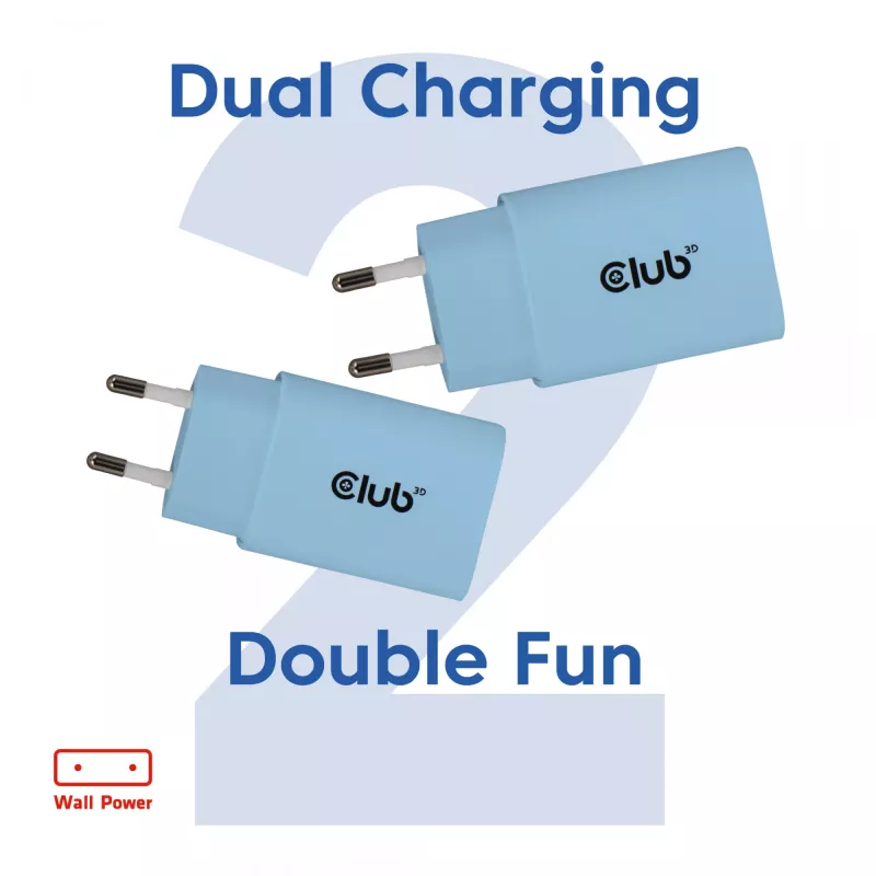 Carregador USB-C CLUB3D 2-Pack 30 Watt branco, interior, AC, azul