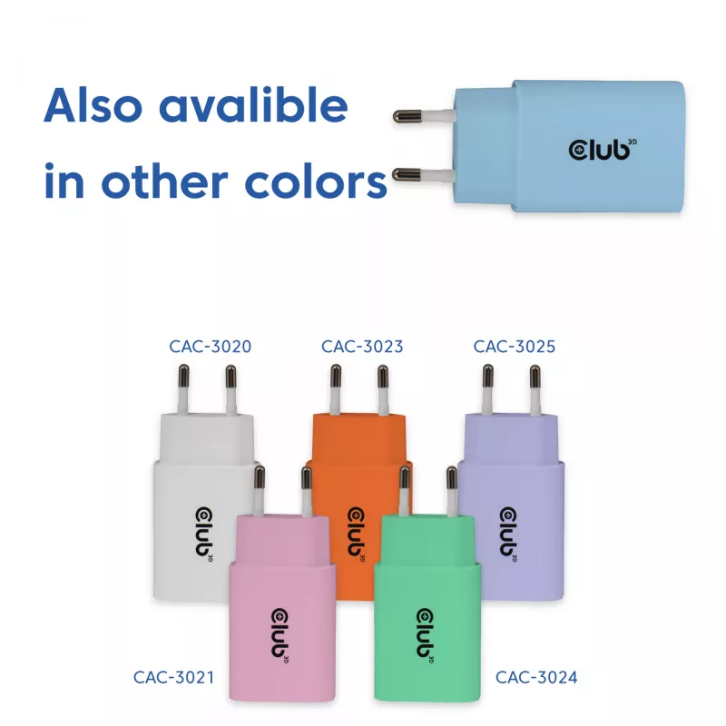 Carregador USB-C CLUB3D 2-Pack 30 Watt branco, interior, AC, azul
