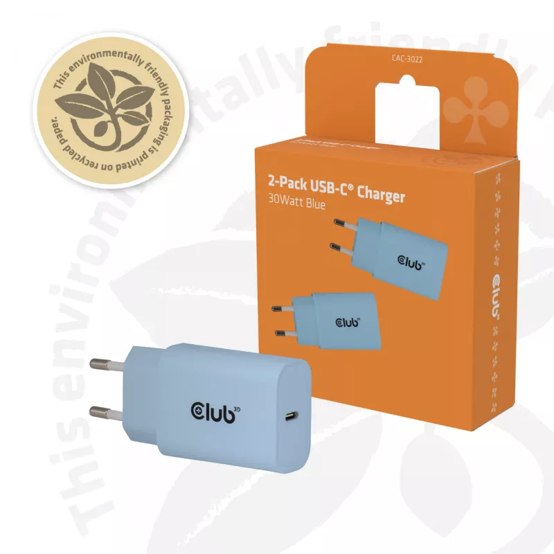 Carregador USB-C CLUB3D 2-Pack 30 Watt branco, interior, AC, azul