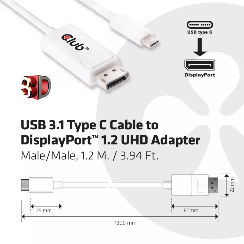 Adaptador CLUB3D cabo USB 3.1 tipo C para DisplayPort 1.2 UHD