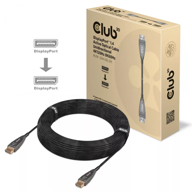 Cabo ótico ativo CLUB3D DisplayPort 1.4 unidirecional 4K120Hz 8K60Hz M/M 20m/65.62ft